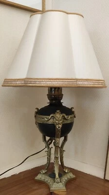 Ancienne Lampe à pétrole Empire bronze Athénienne/têtes faunes/19 ème siecle - Photo 1/4