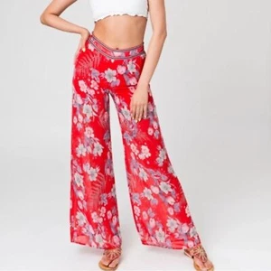Pia Rossini Sheer Floral Pants Small Red Wide Leg Beach Festival Boho Side Zip - Picture 1 of 15