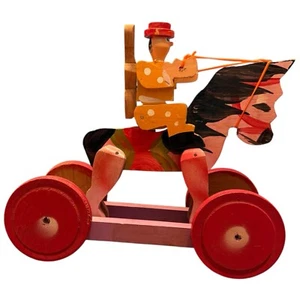 Hand Painted Wooden Man Riding Donkey Horse on Wheels Toy Figure 10” x 10” - Picture 1 of 19