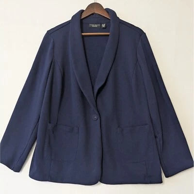 Susan Graver Weekend Knit Blazer Jacket Pockets Navy Blue Career Womens Plus 2X - Image 1 of 4