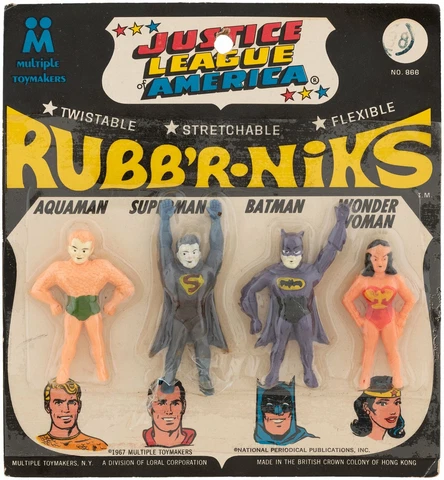 JUSTICE LEAGUE OF AMERICA RUBB'R-NIKS CARDED FIGURE SET Aquaman, Superman, etc Cover