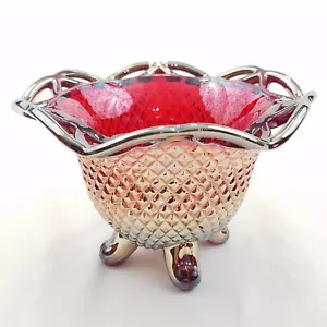 Cuenco de vidrio rojo rubí imperial carnaval encaje abierto patrón diamante patas vintage - Imagen 1 de 11