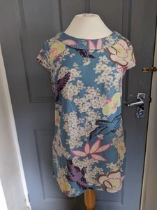 White Stuff size 10 Orient blue short tunic dress Top Floral Bird Print (D) - Picture 1 of 6
