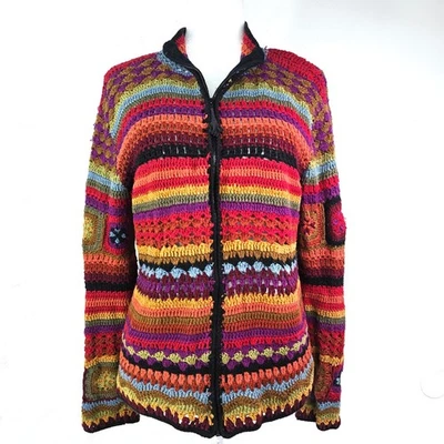 Suéter Coldwater Creek De Colección Años 90 Arco Iris Grueso Tejido Abierto Gitano Boho L Cremallera Completa Foto 1 de 4