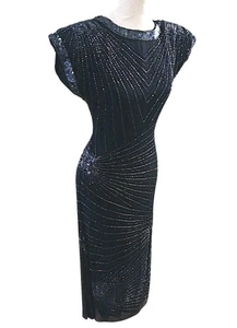 Maxi Vestido Vintage Seda Con Cuentas Lentejuelas Talla 6 Negro Gorra Espalda Abierta Diseñador Vacaciones  - Imagen 1 de 20