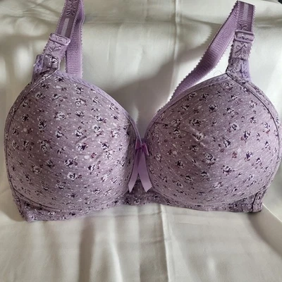 Purple Floral Print Full Coverage Wireless Bra Cotton Cups Adjustable Straps 3XL - Image 1 of 4