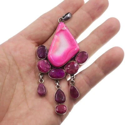Designer Artisans Hand Made Sterling Silver Pink Agate and Genuine Ruby Pendant - Image 1 of 3