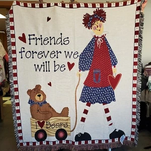 Neu mit Etikett Stoffpuppe Teddybär Fransen gewebt Überwurf Decke Gobelin rot weiß blau - Bild 1 von 3