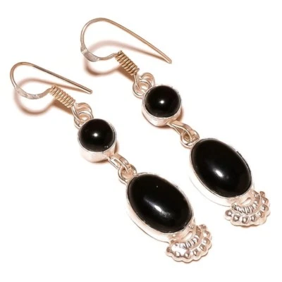 Black Onyx Oval & Round Cabochon Gemstone Handmade Drop Dangle Earrings N1241 - Image 1 of 3