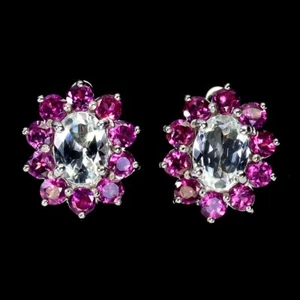 Silver Earrings Aquamarine Rhodolite Genuine Natural Mined Gems Solid Sterling - Picture 1 of 24