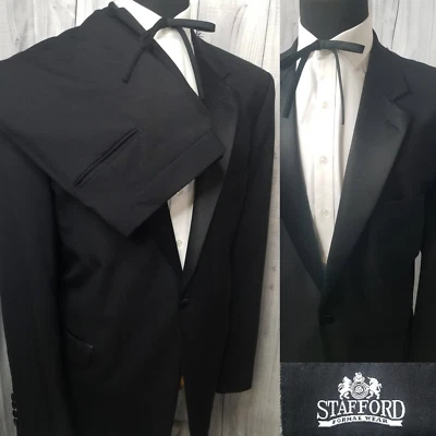 Stafford Formal Wear Mens 1Btn Tuxedo 48L 2Pc Charcoal Black 100% Wool 36x32pant - Image 1 of 4