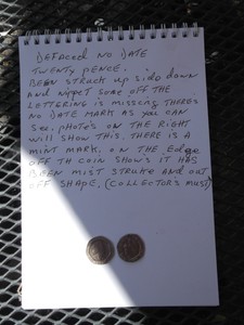 defaced 20 pence coin no date mis struck up side down missing lettering