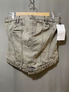 NWT ZARA Women Strapless Smocked Zip Back Corset Style Denim Crop Top SZ S Grey - Picture 1 of 11
