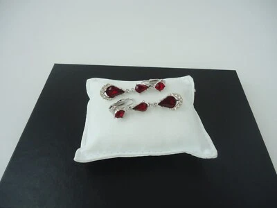 Vintage Hattie Carnegie Red & Clear Rhinestone Dangle Silver Tone Clip Earrings - Image 1 of 4