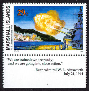 MARSHALL ISLANDS, SCOTT # 492, WITH TAB U.S. LIBERATES GUAM 1944, WORLD WAR II