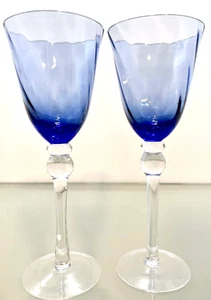 Blue Wine Glass Set Of 2 Hand Blown Blue Cross Hatch Bowl Stemmed 7.75” Tall - Picture 1 of 8