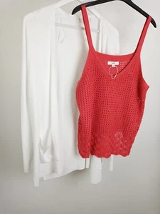 M&S Women's Red Sleeveless Crochet Top/White Rib Cardigan 2xPcs Size XL NWOT F2 - Picture 1 of 11