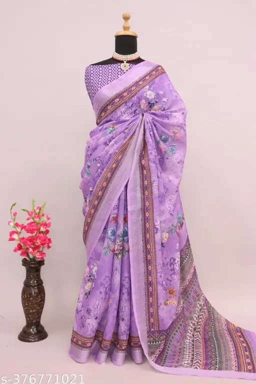 Saris de algodón y lino para mujer con pieza blusa para correr Foto 1 de 1