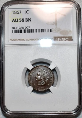 NGC AU-58 BN 1867 Indian Head Cent, Lustrous, Chocolate-Brown, Semi-Key Date! - Image 1 of 2