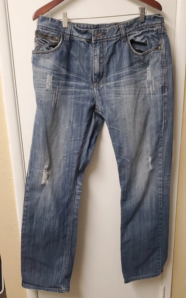 Pantalones de mezclilla Indigo Star para hombre 34x30 desgastados pierna recta lavado medio  Foto 1 de 4