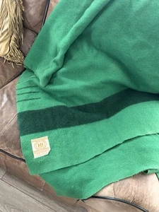 Vintage Hudson Bay 4 Point Wool Blanket Stripe Reseda Green 67x85” Camp - Picture 1 of 13