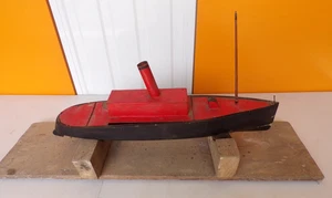 Vintage Large Scratch Built Live Steam Metal Tin Boat Model With Wooden Stand - Picture 1 of 24