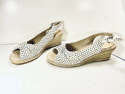 LINDAS Sandalias Estilo Maryjane Tacón Cuña Paja Polkadot Blanco Crema Azul Talla 9  Foto 1 de 4