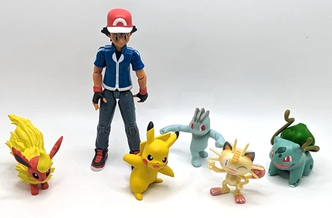 6 Pokemon Toys Hero Ash Action Figure & Meowth Pikachu Flareon Machop Bulbasaur Cover