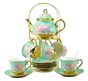 20 Pieces Porcelain Tea Set With Metal Holder European Ceramic tea set for ad... - Picture 1 of 7
