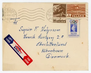P32/23 OLYMPICS 1949 AIR COVER ICELAND WITH 1948 OLYMPIC LABEL TIED BY POSTMARK - Picture 1 of 1