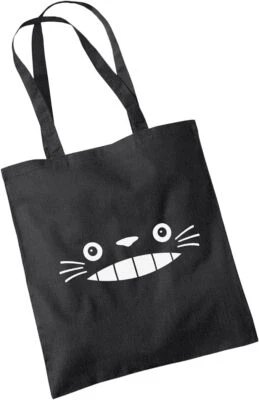 WILLOWGIFTS Cat Grin Face Black Cotton Tote Bag - Manga Japanese Japan Anime Film Cartoon