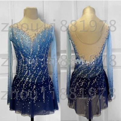 ICE DANCE WHIRLY New Girls Ice Figure Skating Dress Figure skaitng Dress blue dyeing handmade