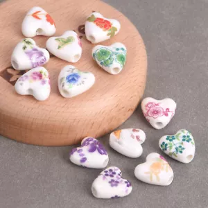 10pcs 14mm Heart Shape Flower Patterns Ceramic Porcelain Loose Beads DIY Jewelry - Picture 1 of 39