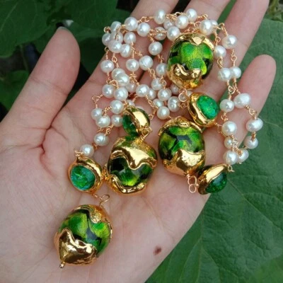 Y·YING Cultured White Pearl Green Murano Glass Rosary Chain Long Necklace - Image 1 of 4