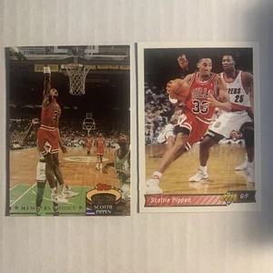 Lote de 2 cartas Scottie Pippen 92 Stadium Club Members Choice y 93 Upper Deck Bulls - Imagen 1 de 5