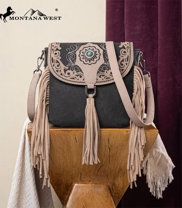 MW1307-8360BK Montana West Fringe Saddle Crossbody Bag - Image 1 of 4