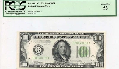 1934 $100 Federal Reserve Note Chicago IL FR#2152-G PCGS AU53 - Image 1 of 2