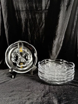 "Juego de 6 cuencos de vidrio transparente de 6 3/4"" ~ cuatro hojas corazones de trébol borde enrollado vintage" Foto 1 de 4