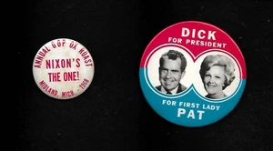 2 RICHARD NIXON 1968 buttons: GOP OX Roast MI, jugate with Pat for First Lady - Picture 1 of 3