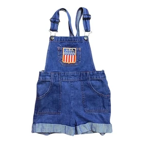 Vintage Bull Tiger Kids USA Patch Denim Short Overalls Size 5/6 4th of July - Picture 1 of 9