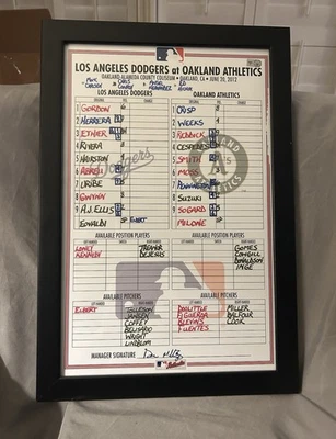 Tarjeta oficial de alineación de los Dodgers de Los Ángeles/Oakland A’s firmada por Don Mattingly Foto 1 de 3