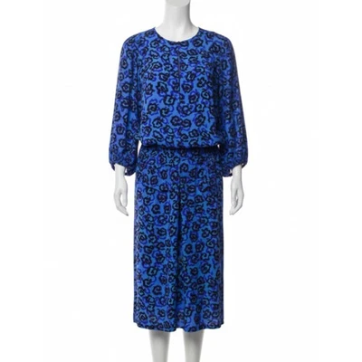 Vestido Vintage Azul Real Negro Estampado Floral Manga Larga Hasta la Rodilla Años 80 EE. UU. Foto 1 de 4