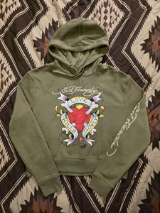 Y2K Ed Hardy Womens Pullover Hoodie Cropped Love Kills Slowly Olive Green Large - Picture 1 of 8