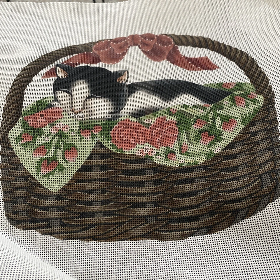 hand painted needlepoint canvases melissa shirley Cat In The Basket Pink Flowers - Image 1 of 1