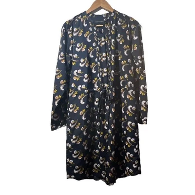 BANANA REPUBLIC Small Navy Long Sleeve Pleated Mandarin Dress Waist Pockets - Image 1 of 4