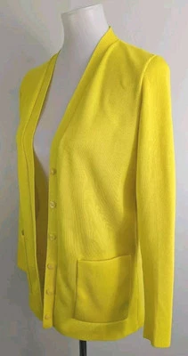 Vintage Womens Long Cardigan Hot Neon Yellow Polyester Knit S Mod Groovy 70s  - Image 1 of 4