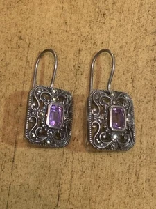 VINTAGE PAAR 925 STERLINGSILBER RECHTECKIGE AMETHYST MARKASITEN OHRRINGE FRANZÖSISCHE HAKEN - Bild 1 von 5