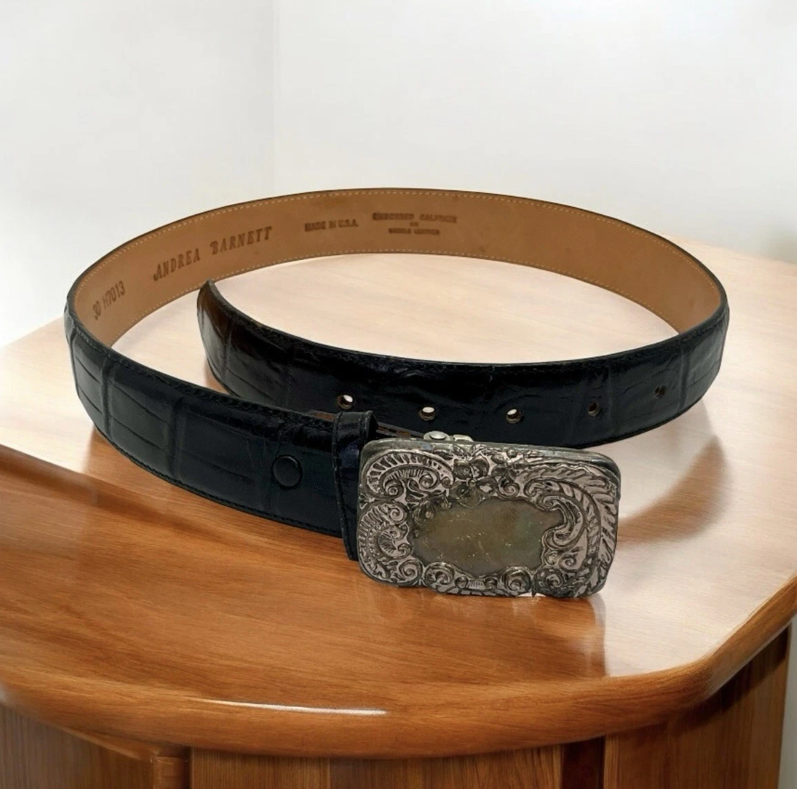 VTG Andrea Barnett Black Leather Belt USA Sz 30 Sterling  display picture 2