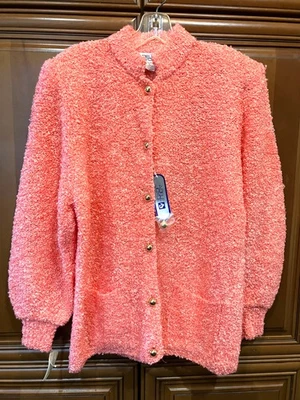 NOS NWT Adele Joyce AJ boucle sweater cardigan LARGE acrylic wool button pink - Image 1 of 4