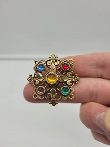 VTG Mid Century Goldtone Cross Brooch Pin Multi-Color Cabochon Stones  - Picture 1 of 7